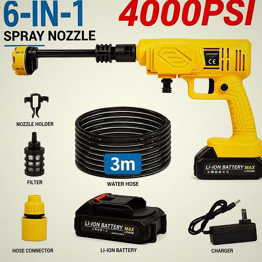 4000 PSI Cordless Battery Cold Water Pressure Washer, 6-in-1, Hose, Charger