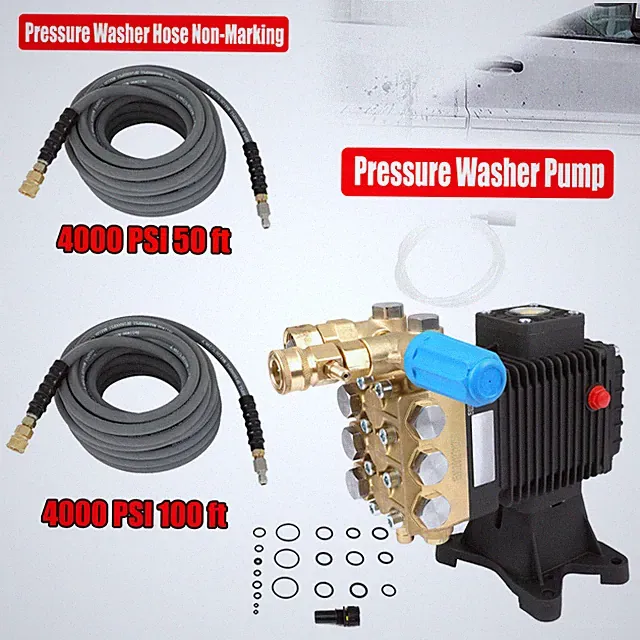 4000 PSI Pressure Washer Pump & 50 ft / 100 ft 3/8" Gray Pressure Washer Hose