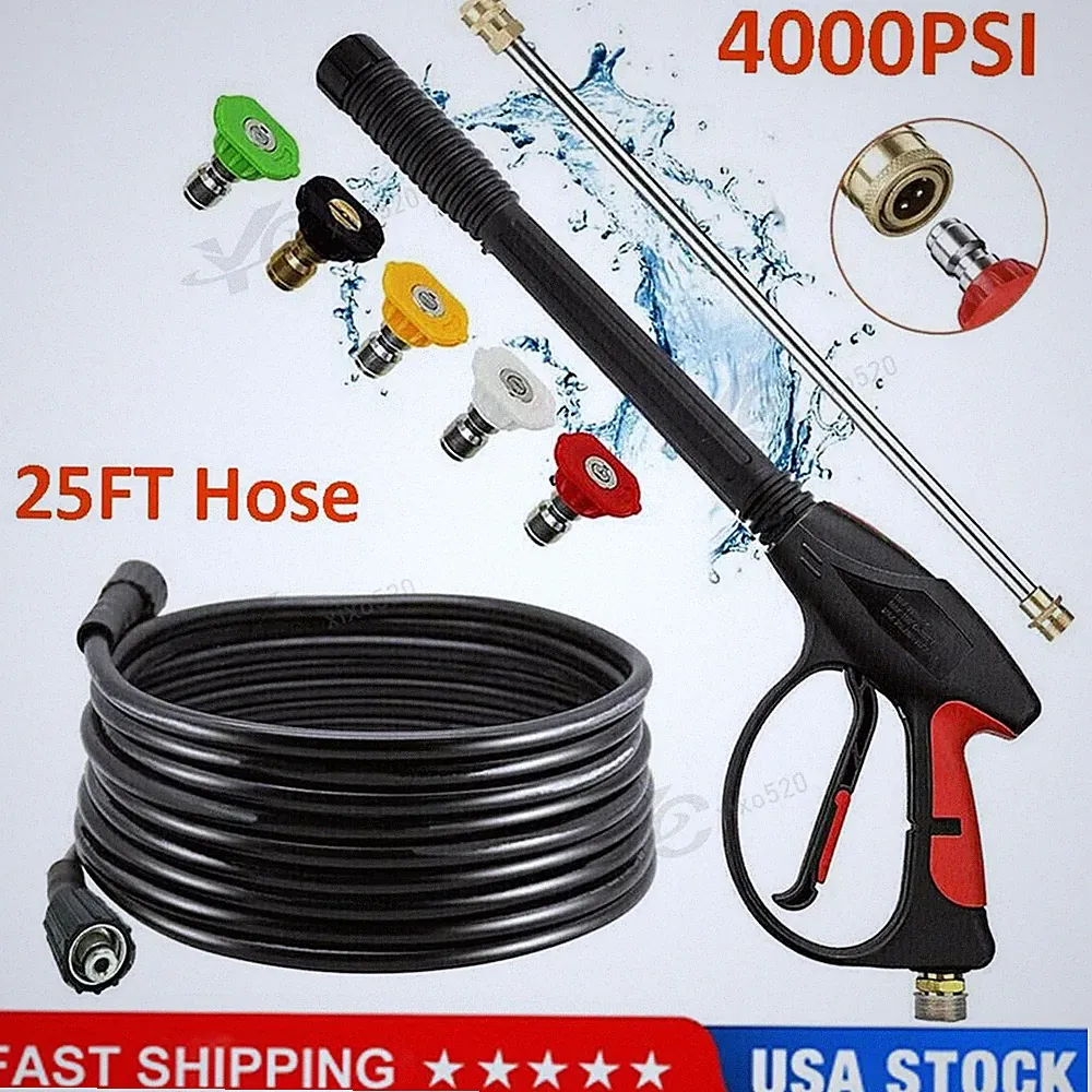 4000PSI High Pressure Power Washer Spray Gun Wand Lance Nozzle 25FT Hose Kit M22