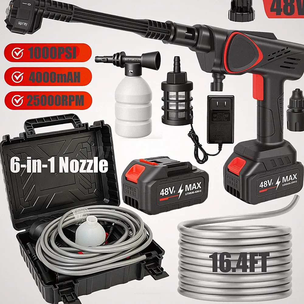 48V Cordless Pressure Washer 1000 PSI Portable Power Washer with 6-in-1 Nozzle
