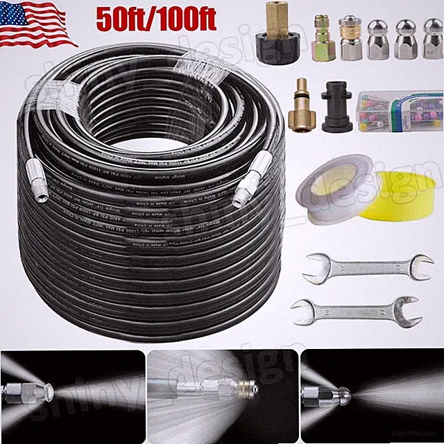 50/100' Sewer Jetter Nozzles Kit Drain Cleaning Hose For Pressure Washer 5800PSI
