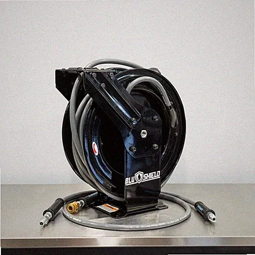 50' BluBird Retractable Pressure Washer Hose Reel Black | 3/8" Gray Hoses