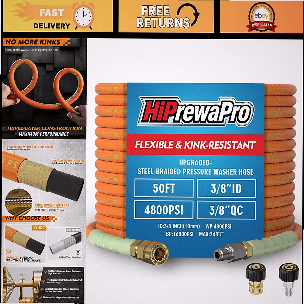50 ft 3/8" ID Pressure Washer Hose, 4800 PSI Steel Braided High Pressure Hose