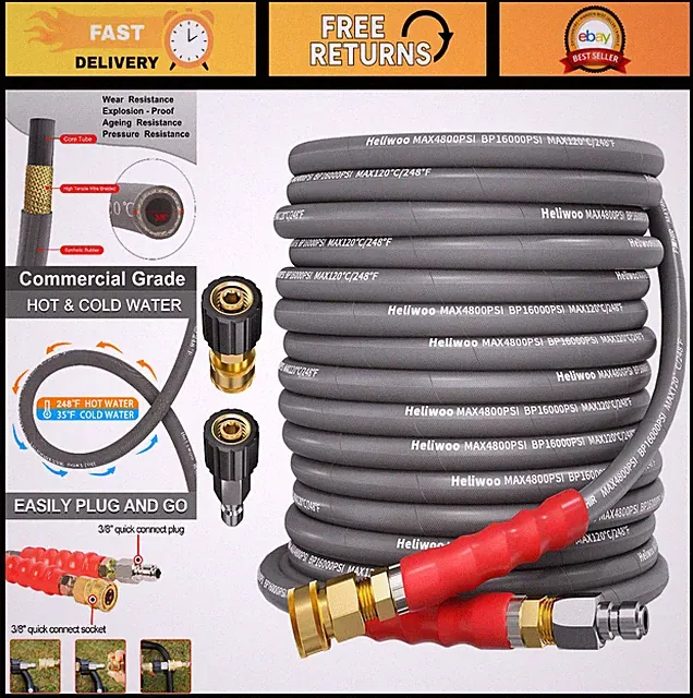 50 FT 3/8" Pressure Washer Hose, Kink Proof, 4800 PSI, Hot/Cold Water, Steel Bra