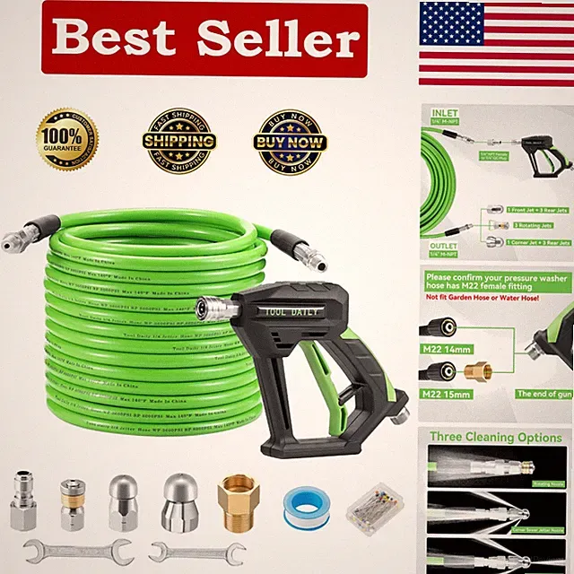 50 FT High-Pressure Sewer Jetter Kit with Nozzles & Power Washer Gun - 3600 PSI