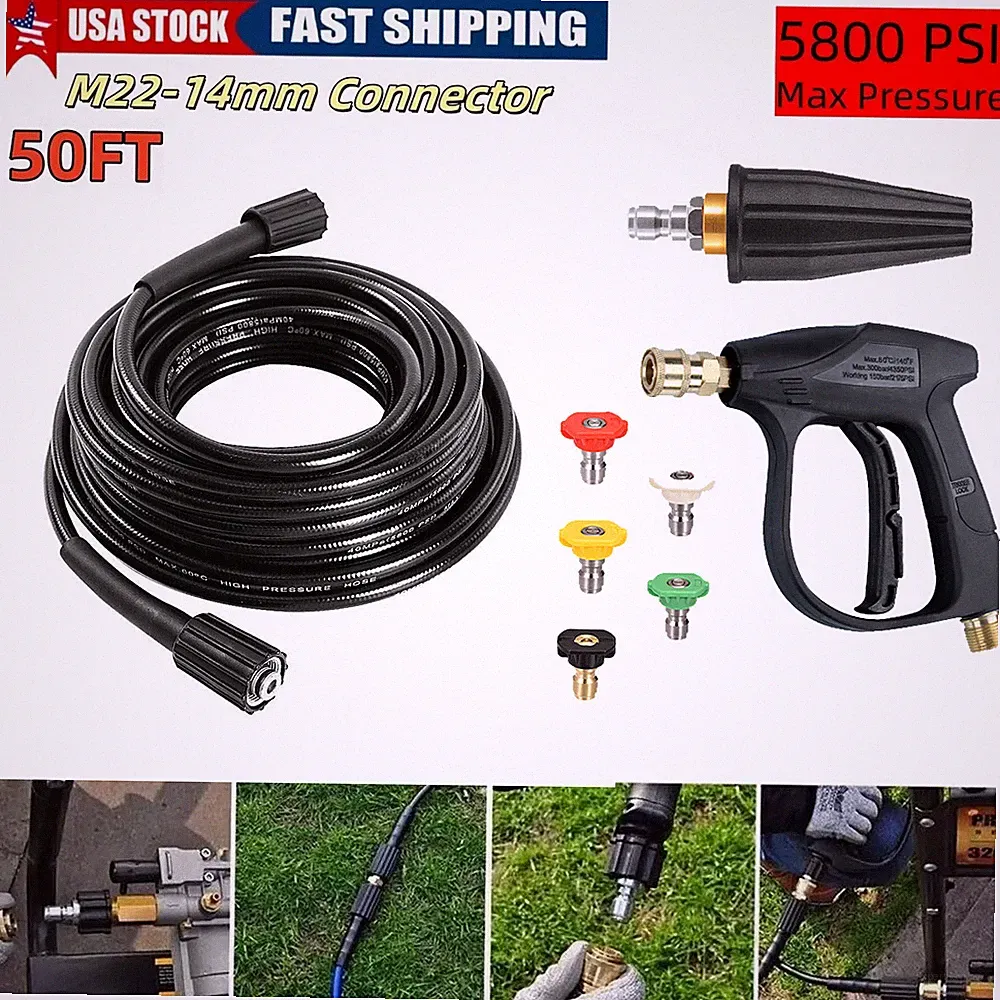 50 FT High Pressure Washer Hose+Rotating turbine nozzle+ cleaning water gun