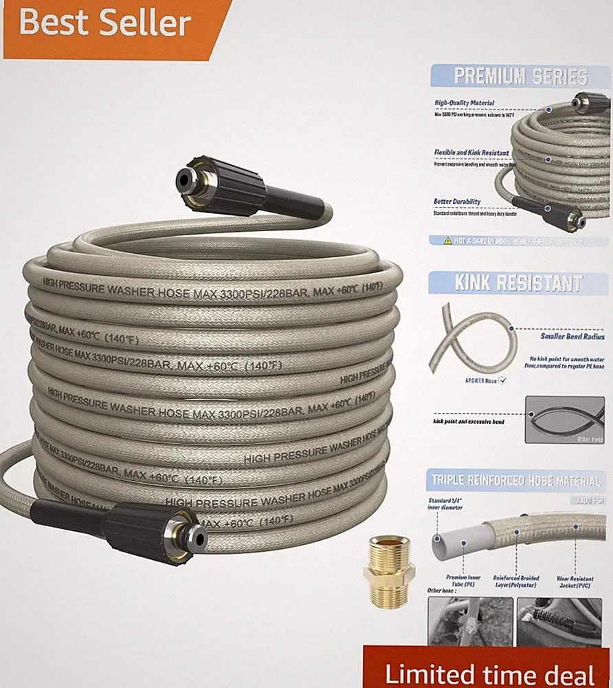 50 FT PVC High Pressure Washer Hose with Kink Resistance & Quick Connect - Gray