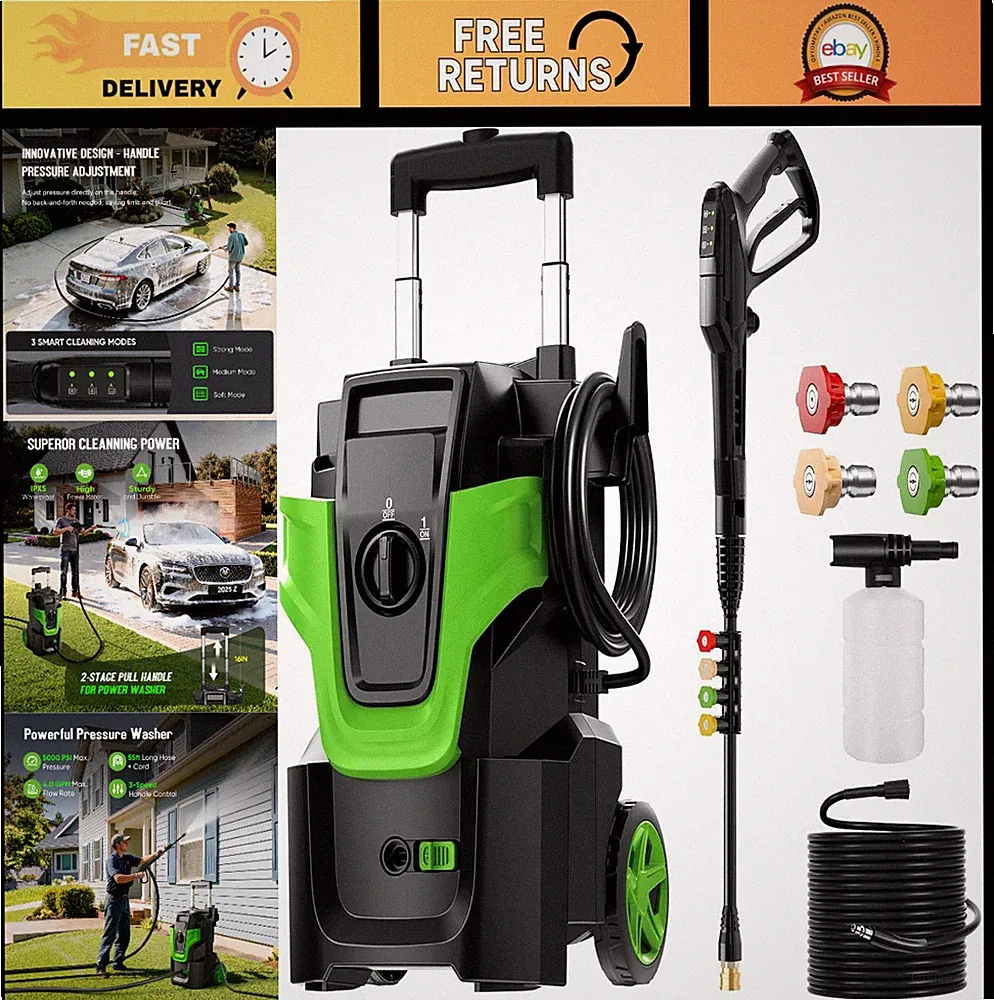 5000PSI Electric Pressure Washer 4.0GPM Heavy Duty Power Cleaner, 3-Speed, 4 Noz
