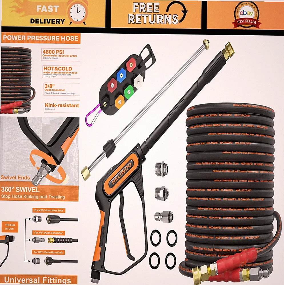 5000PSI Pressure Washer Gun & 100FT Kink Resistant Hose Kit, Quick Connect Adapt