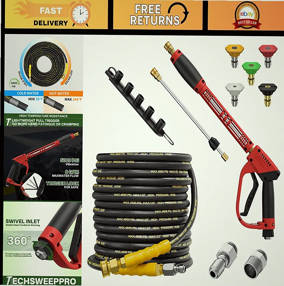 5000PSI Pressure Washer Gun & Hose Kit - 50FT Kink Resistant Hose, 30" Wand, Qui