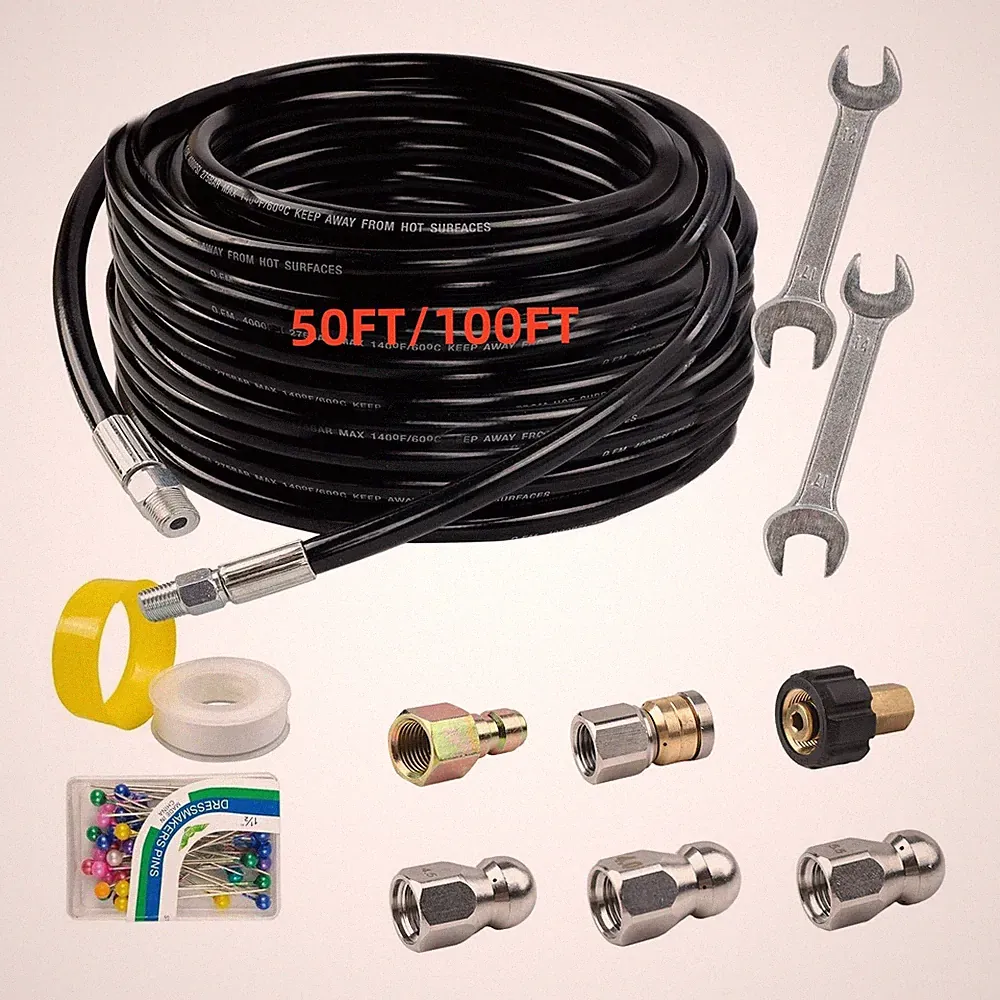 50FT / 100FT Sewer Jetter Kit for Pressure Washer, 5800PSI Drain Cleaning Hose