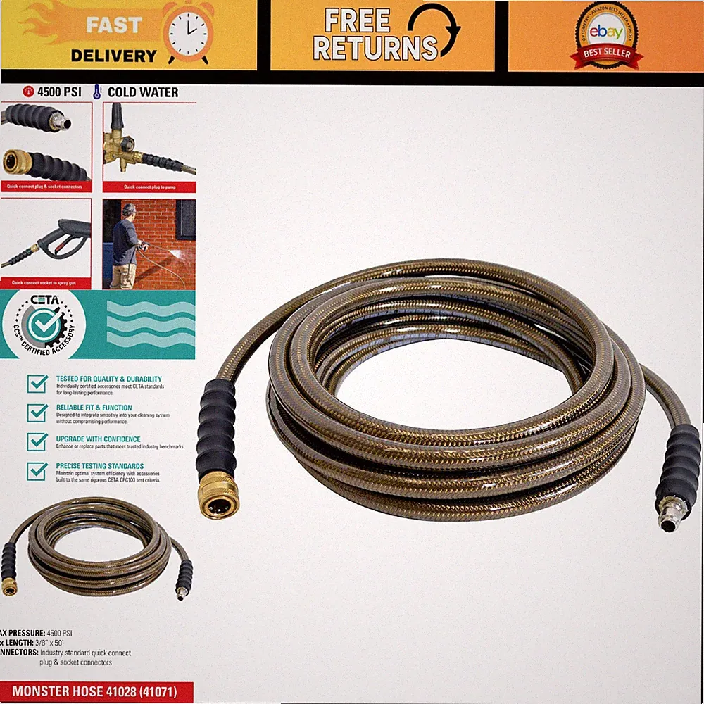 50ft 3/8" 4500 PSI Cold Water Pressure Washer Hose - Durable, Heavy-Duty, Flexib
