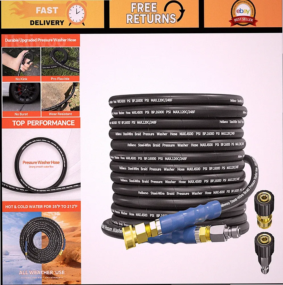 50FT 3/8" Pressure Washer Hose - 4500 PSI, Kink Proof, Hot Water, Quick Connect