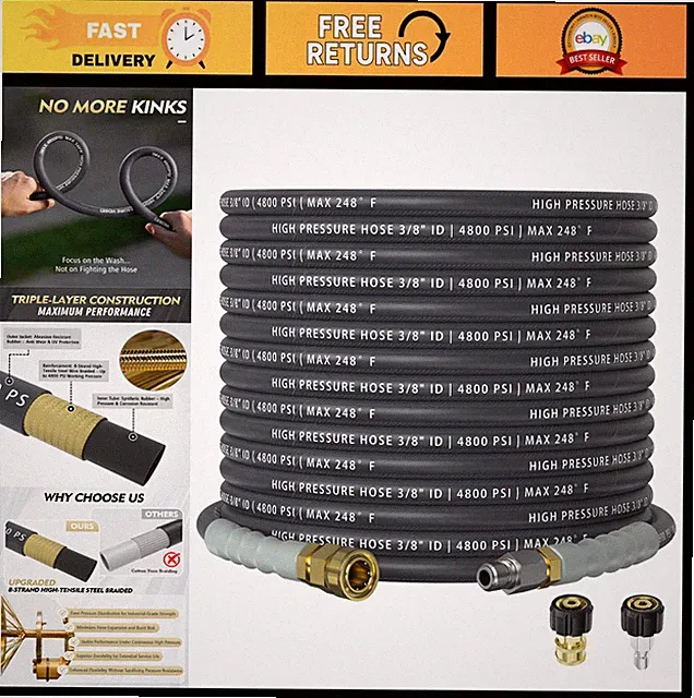 50FT 3/8" Pressure Washer Hose 4800PSI, 360° Swivel, Kink Resistant, Durable Hot
