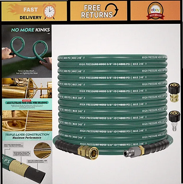 50FT 3/8" Pressure Washer Hose 4800PSI, Kink Resistant, 360° Swivel, M22 Adapter