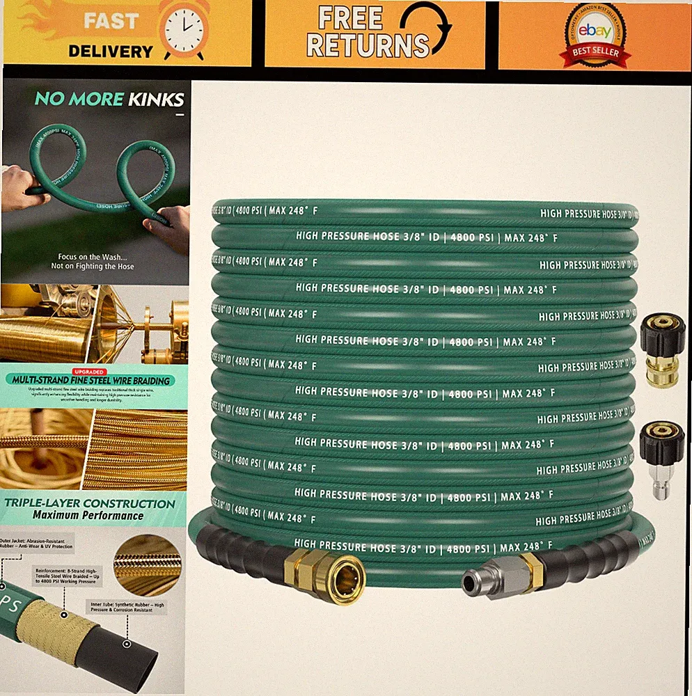50FT 3/8" Pressure Washer Hose 4800PSI, Kink Resistant, 360° Swivel, M22 Adapter