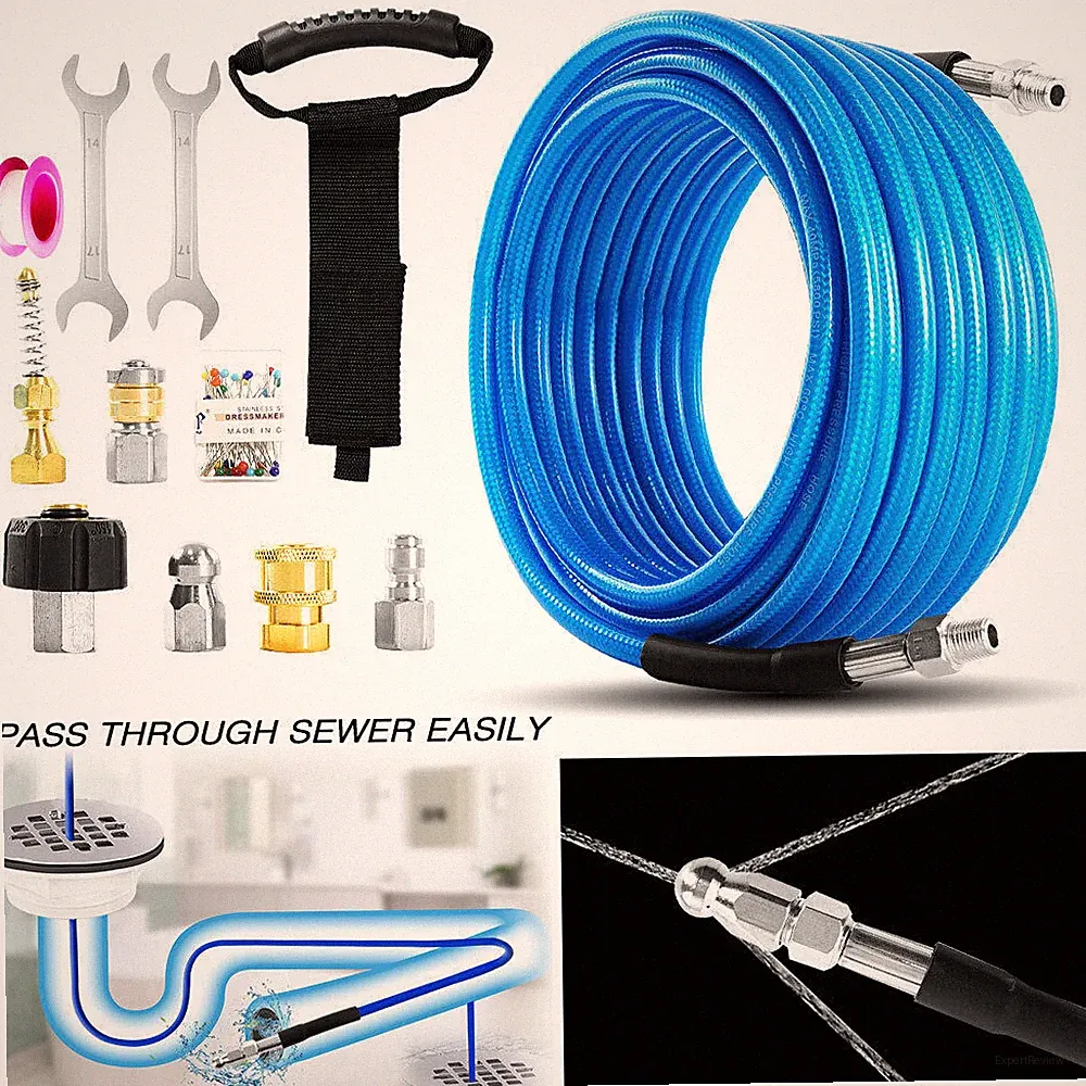 50FT 5800 PSI Sewer Jetter Nozzles Kit Pressure Washer Drain Cleaning Hose Set.