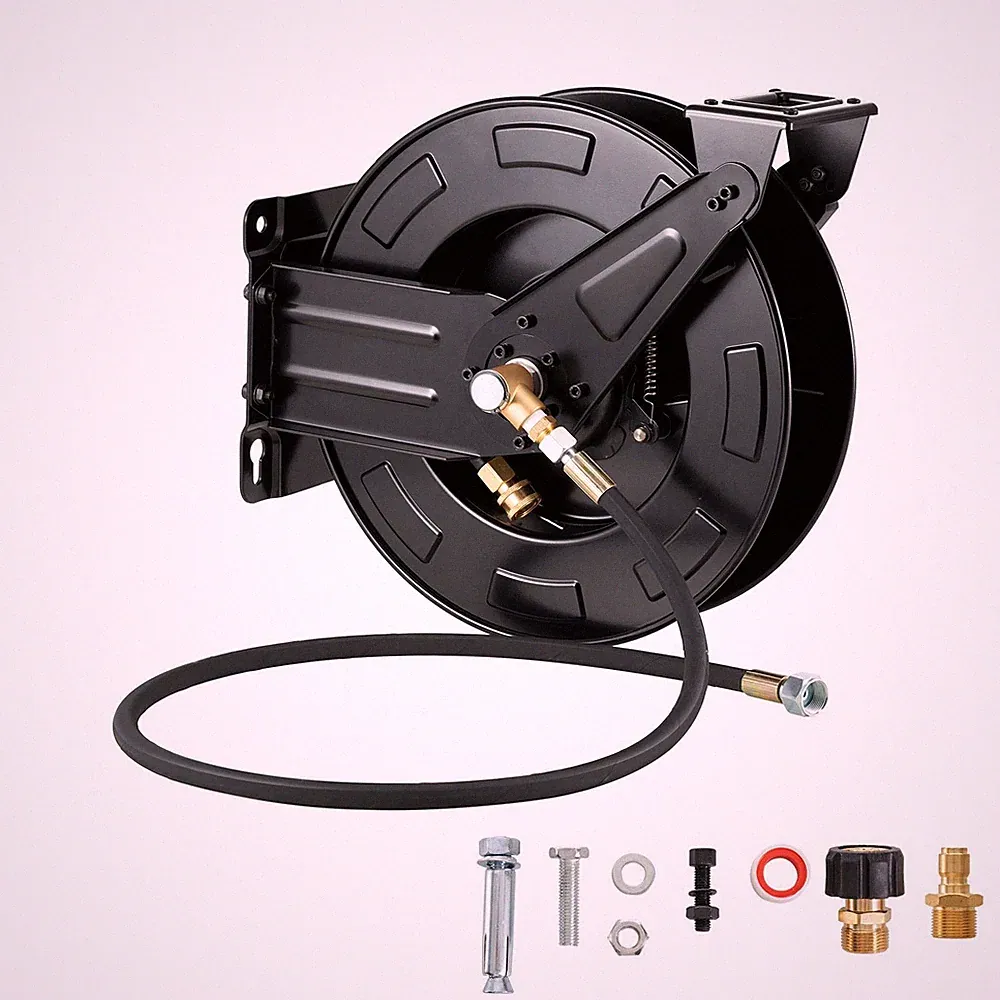 50ft Auto-Rewind Pressure Washer Hose Reel 3/8in Steel Wall Mount
