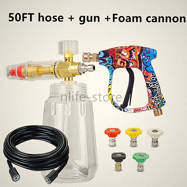 50ft Hose+Pressure Washer Gun Power Spray Wand Pipe Snow Foam Cannon Quick Fit
