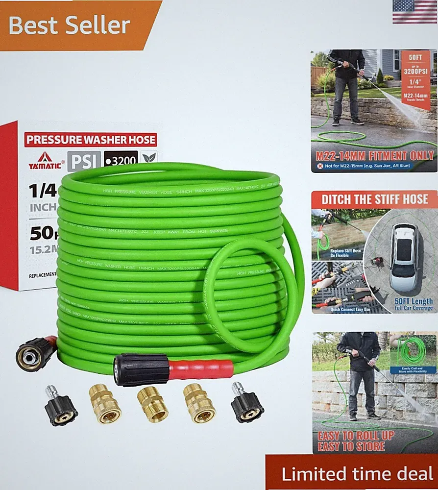 50FT Kink Resistant Pressure Washer Hose - 3700 PSI with Quick Connect Adapters