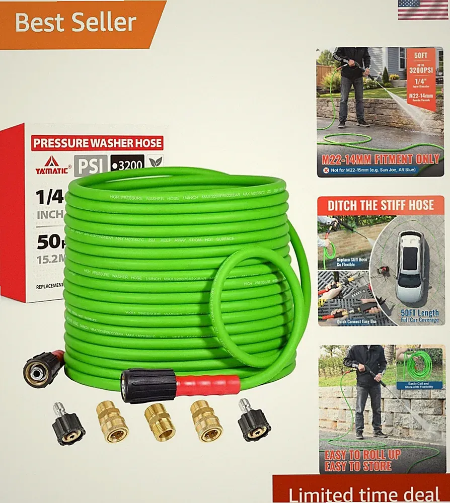 50FT Kink Resistant Pressure Washer Hose: Brass Quick Connect Adaptors, 3700 PSI