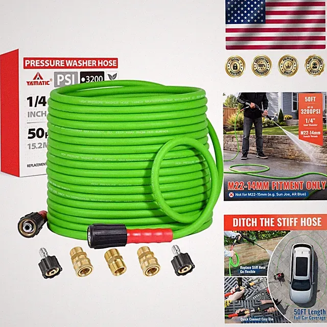 50FT Kink-Resistant Pressure Washer Hose for Enhanced Cleaning with Quick Con...