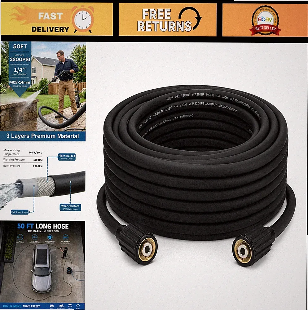 50ft Pressure Washer Hose 1/4" 3200 PSI, Kink Resistant, Heavy Duty, Flexible Wa