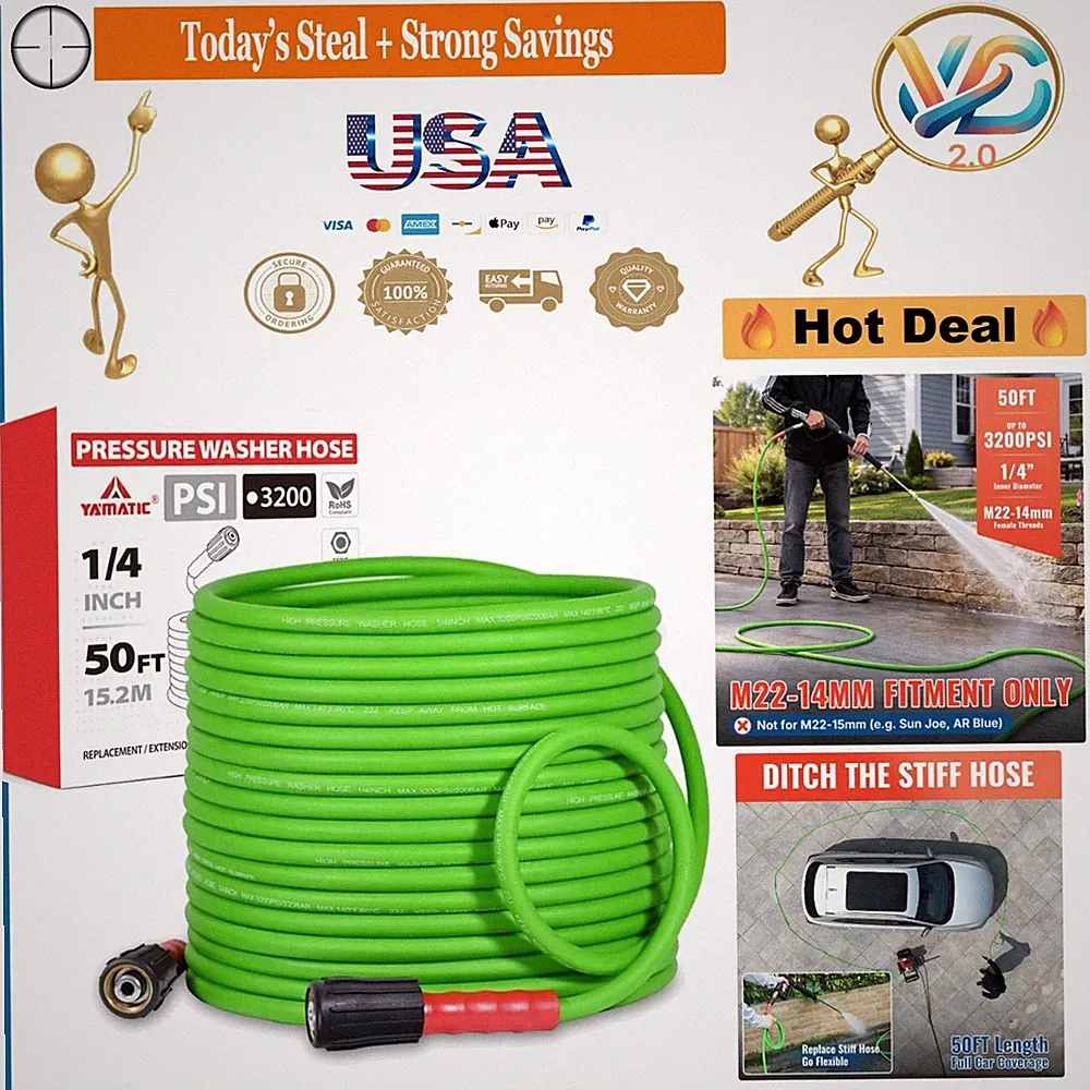 50FT Pressure Washer Hose 1/4 Inch 3200 PSI Brass Fittings Flexible No Leak