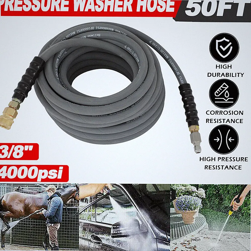 50Ft Pressure Washer Hose 3/8" 4000psi Cold & Hot Water Pressure Washer Gray