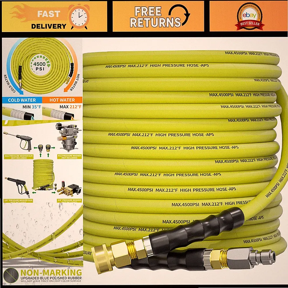 50FT Pressure Washer Hose 3/8" 4500PSI Kink Resistant Heavy Duty High Flow