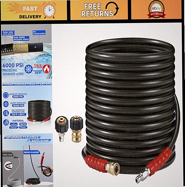 50ft Pressure Washer Hose 3/8" for Hot/Cold Water, 6000 PSI, Quick Connect, Stee
