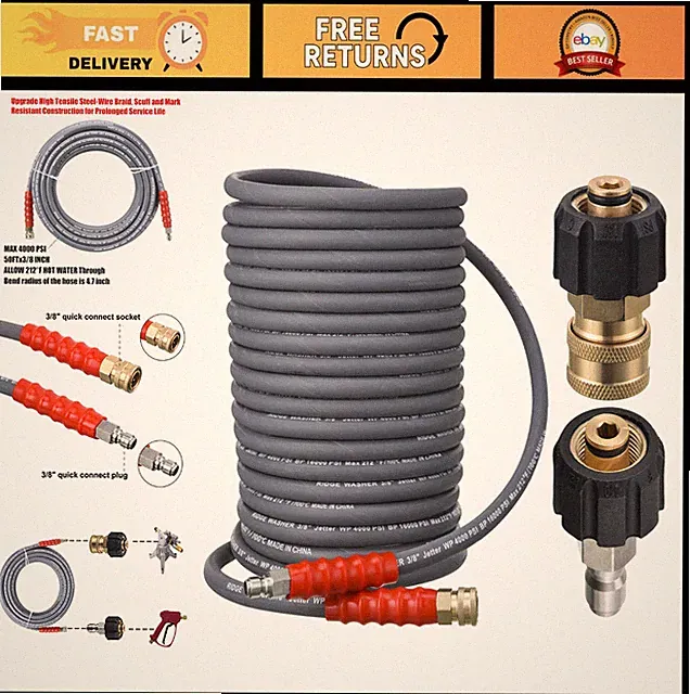 50ft Pressure Washer Hose 3/8" for Hot/Cold Water, M22 Quick Connect, 4000 PSI