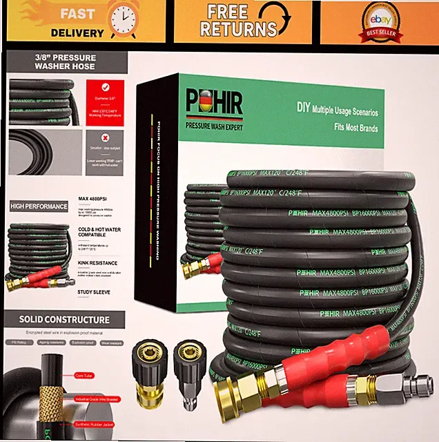 50FT Pressure Washer Hose 3/8" Kink Resistant 4800PSI Hot/Cold Water Quick Conne