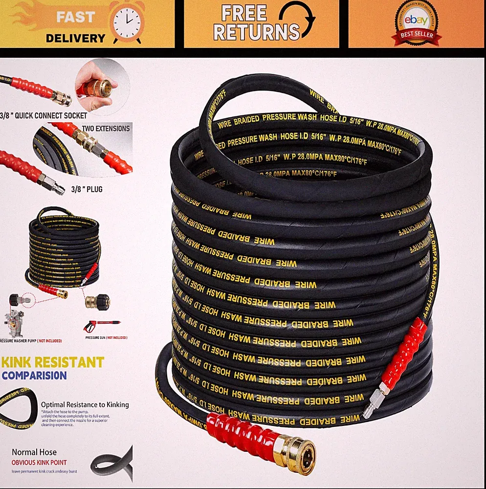 50FT Pressure Washer Hose 3/8" Quick Connect 4000 PSI Kink Resistant Heavy Duty