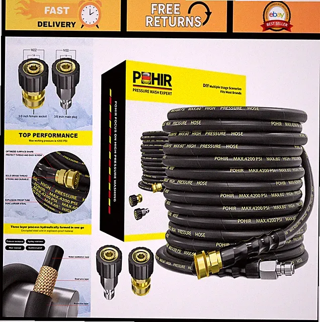 50ft Pressure Washer Hose, 3/8" Quick Connect, Kink Resistant, 4200 PSI, M22 Ada