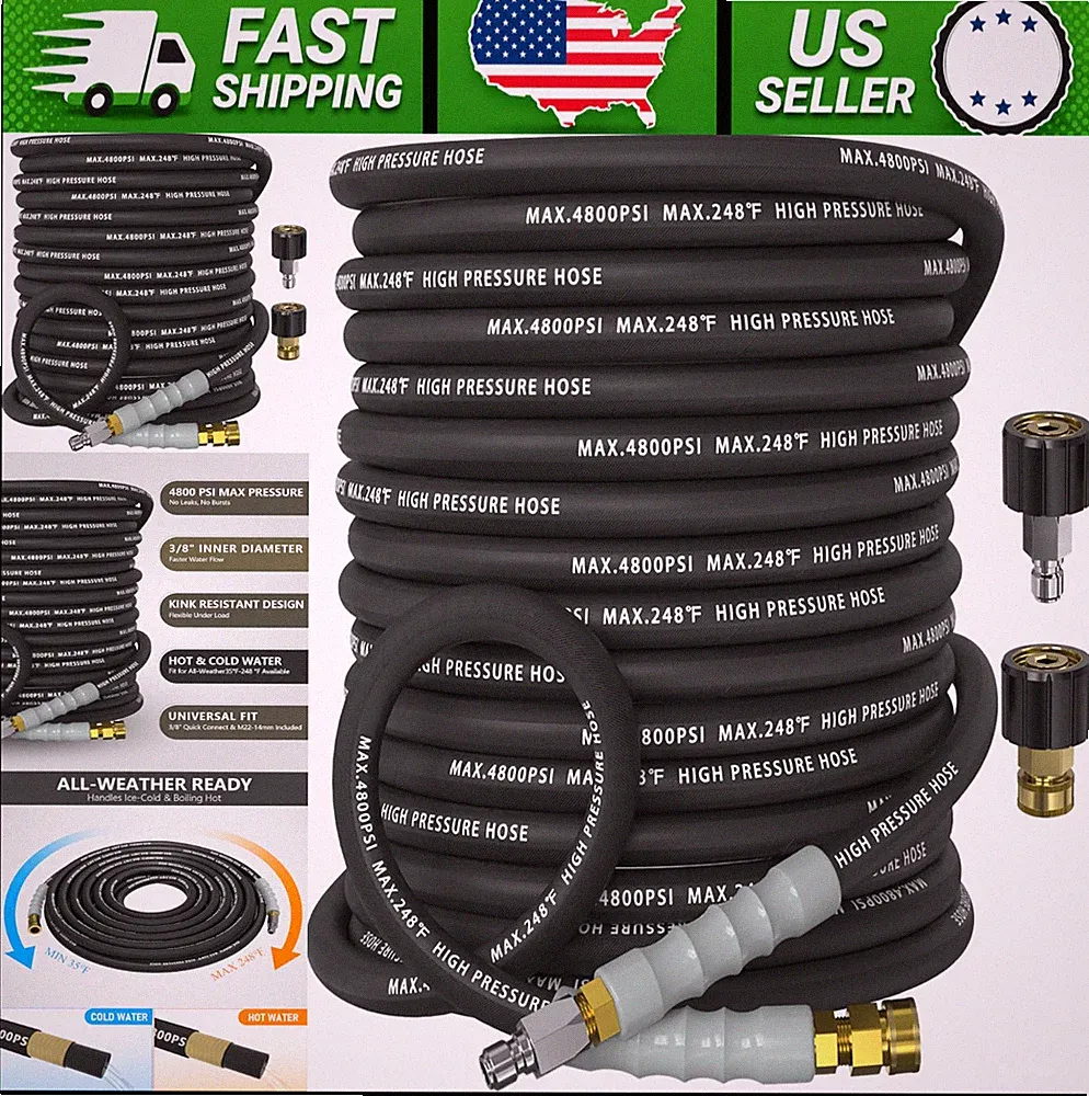 50ft Pressure Washer Hose 3/8in 4800 PSI Steel Braided M22 Quick Connect