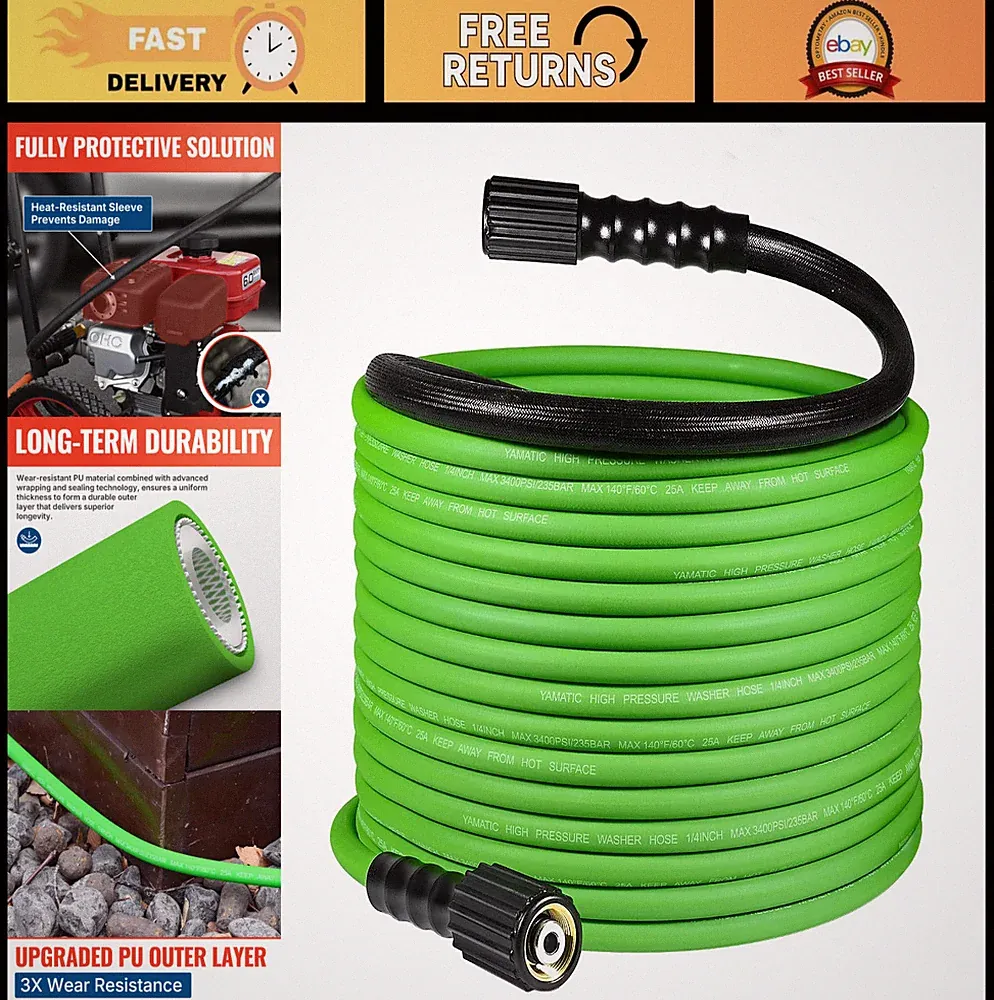 50FT Pressure Washer Hose 3400 PSI, 1/4" Kink Resistant, Durable Replacement Hos