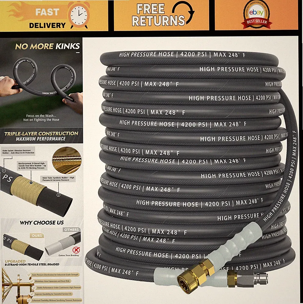 50ft Pressure Washer Hose 4200 PSI, Kink-Resistant, Steel-Braided, 360° Swivel C