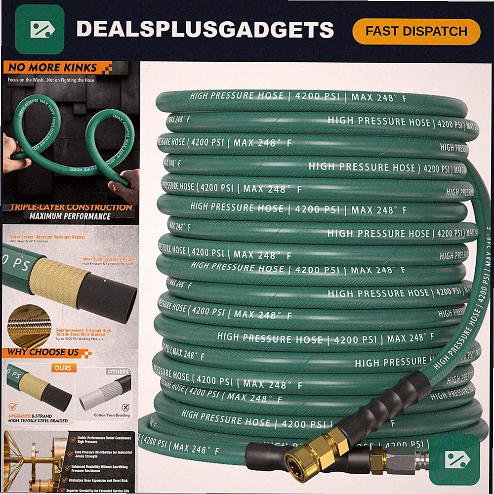 50ft Pressure Washer Hose 4200 PSI, Steel-Braided, Kink-Resistant, Quick Connect