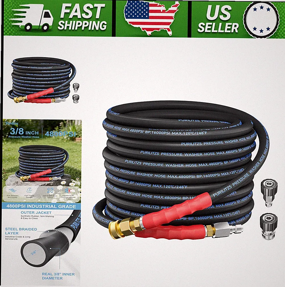 50FT Pressure Washer Hose 4800 PSI, 3/8" Kink-Resistant, M22 Adapters