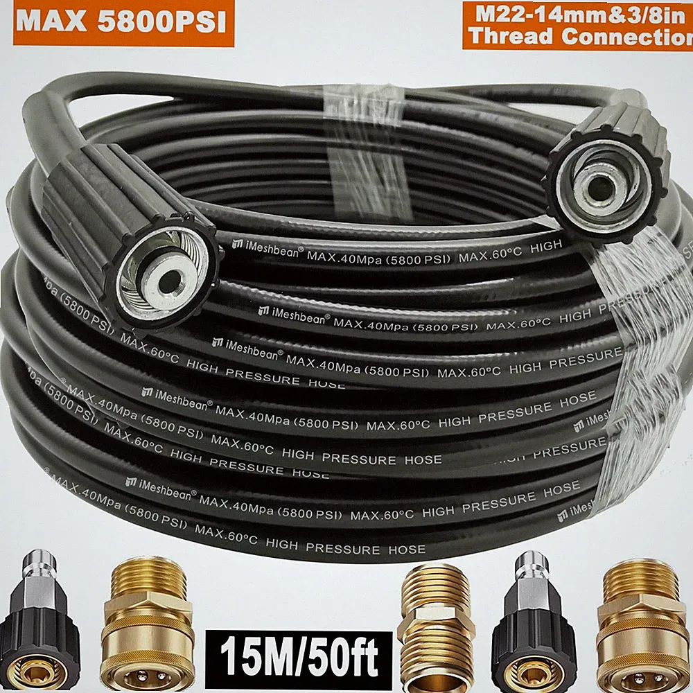 50ft Pressure Washer Hose 5800 PSI With Couplers M22-14mm to 3/8" Quick Connects