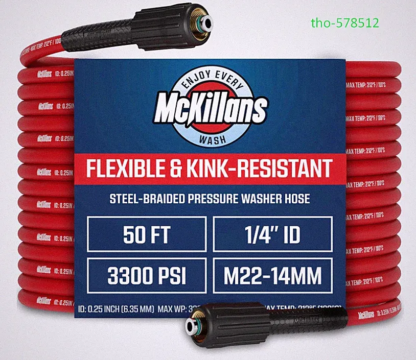 50ft Pressure Washer Hose, Steel-Braided, Kink-Resistant, M22-14mm, 1/4" ID