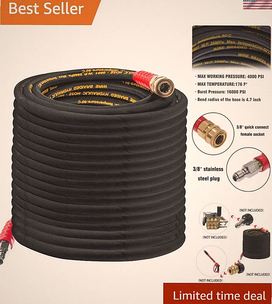 50FT Pressure Washer Hose with 3/8 Inch Quick Connect, High Tensile Wire Powe...