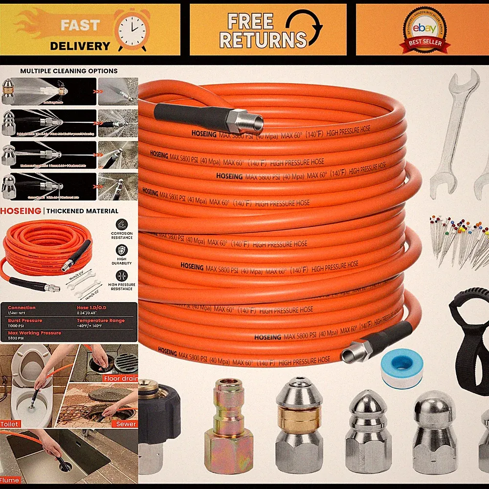50FT Pressure Washer Sewer Jetter Kit, 5800 PSI Drain Cleaner Hose, Rotating Noz