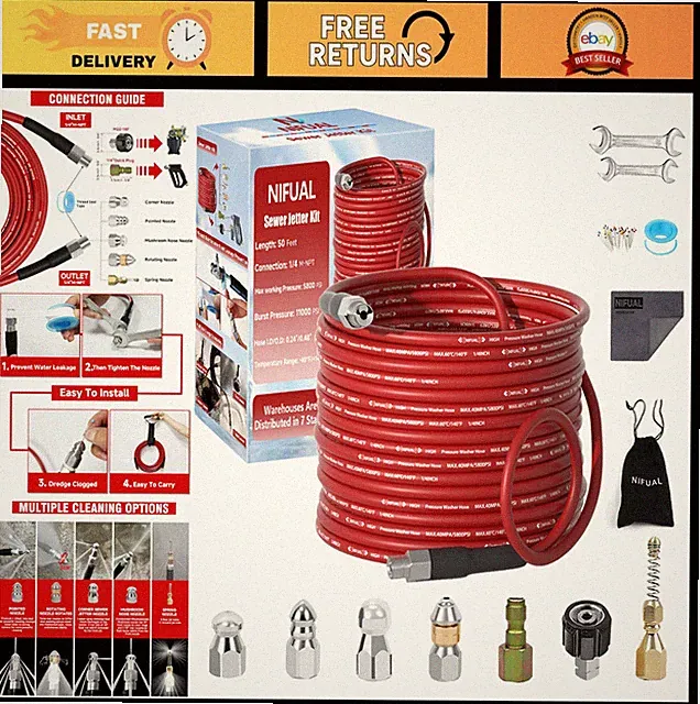 50FT Sewer Jetter Kit for Pressure Washer, 5800PSI Drain Cleaner Nozzle, DIY Hom