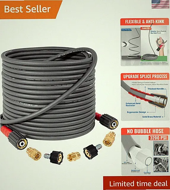 50FT Super Flexible Kink-Resistant Pressure Washer Hose - 3700 PSI Power Kit