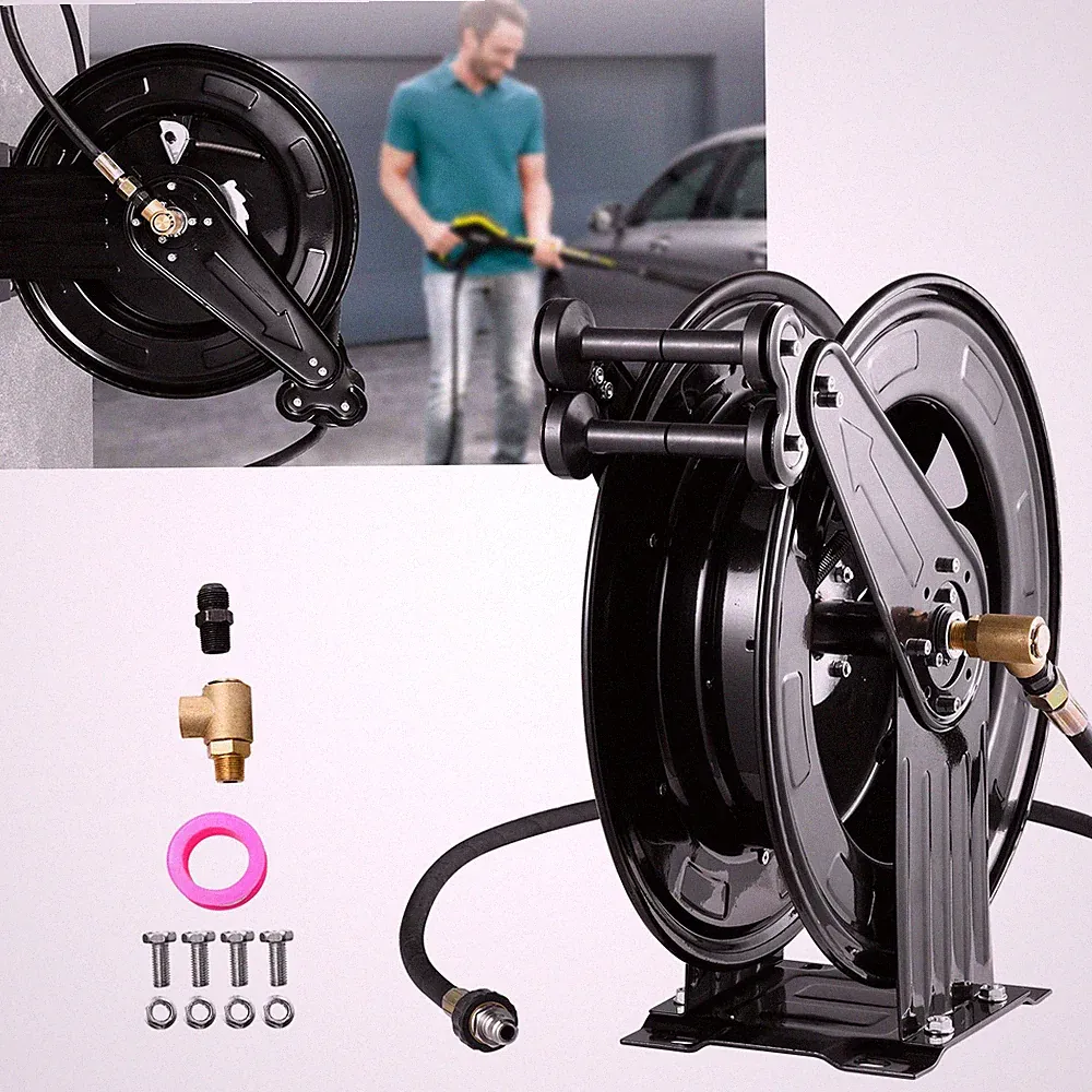 50FT x 3/8" Auto-Retractable Pressure Washer Hose Reel, Heavy Duty Double Arm