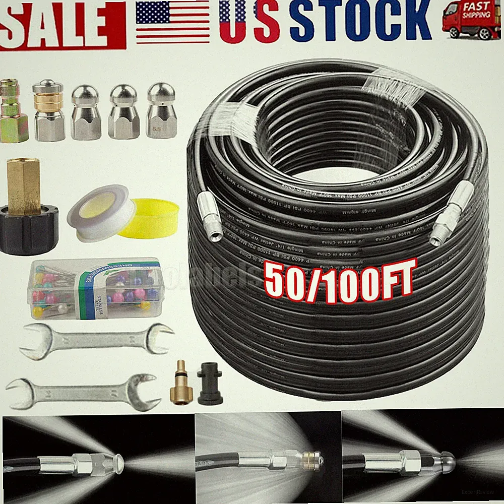 5800PSI 100FT Sewer Jetter Nozzles Kit Drain Cleaning Hose for Pressure Washer