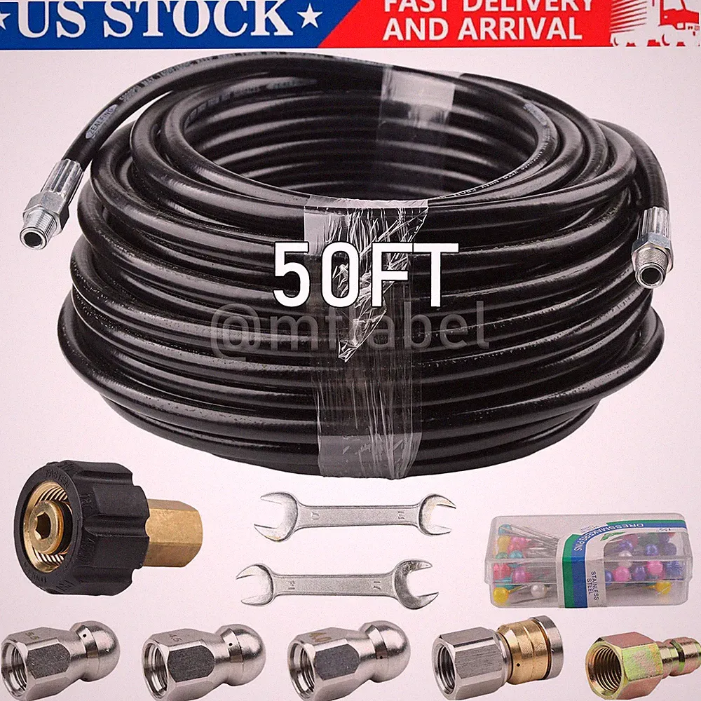 5800PSI 50FT Sewer Jetter Nozzles Kit Drain Cleaning Hose for Pressure Washer US