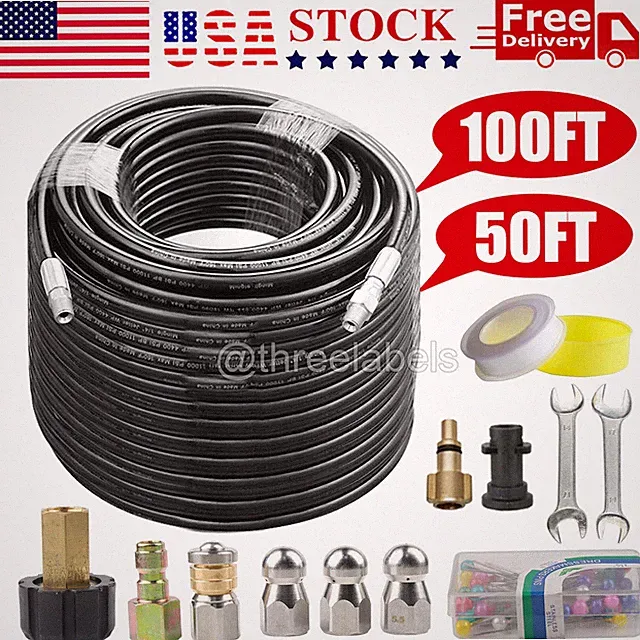 5800PSI Sewer Jetter Nozzles Kit 100FT 50FT Cleaning Hose for Pressure Washer